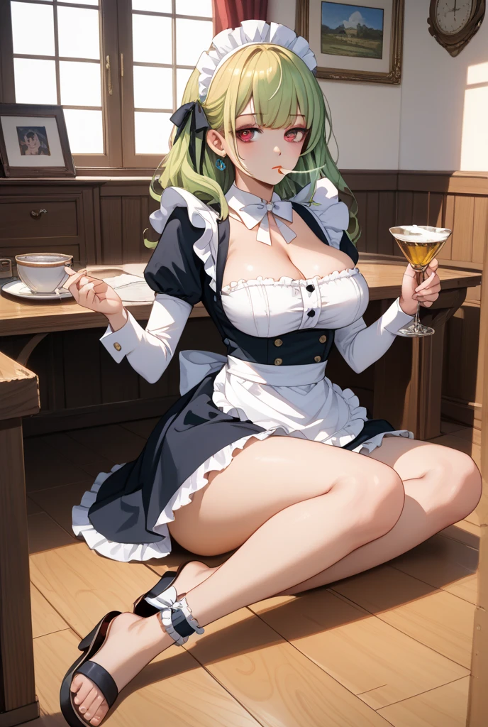 (score_9,score_8_up,score_7_up,score_6_up,s),1girl, breasts, lactation, glasses, maid headdress, maid, thighhighs, tongue, english text, tongue out, garter straps, green hair, apron, censored, nipples, mug, cup, solo, open mouth, kneeling, cum, coffee, heart, huge breasts, large breasts, hetero, solo focus, garter belt, nail polish, bangs, saliva, maid apron, breasts out, grabbing, profanity, red nails, blush, yellow eyes, clothes lift, high heels, black-framed eyewear, coffee mug, black thighhighs, grabbing own breast, sex toy, wrist cuffs, milk, mosaic censoring, black footwear, underwear, penis, short hair,