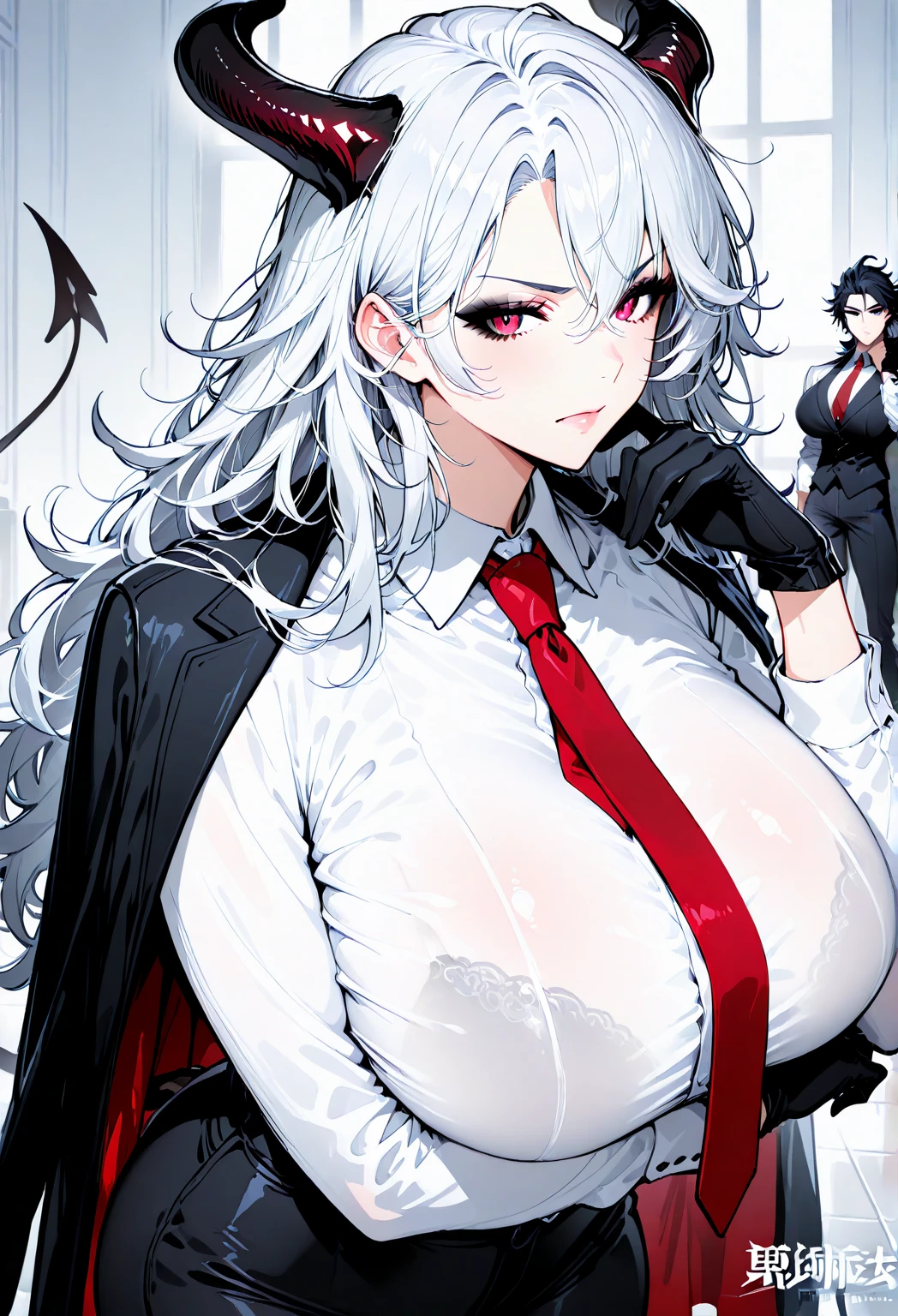 Adult Woman, short gray hair, spiked hair, Red Eyes, Black Eye Shadow, black lipstick, white aristocrat jacket, Black tight pants, Large breasts, musculature, toenails, lock, Sitting on a chair, masutepiece, hiquality, 4K, hard disk, good detail