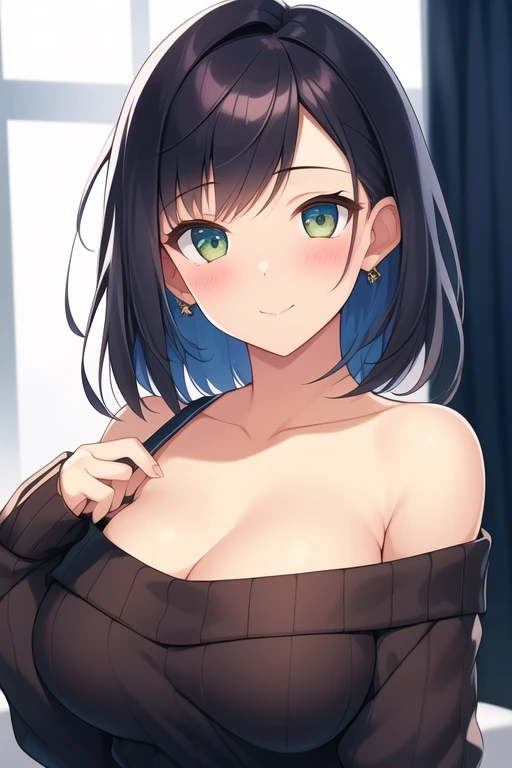 (best quality), (Super detailed), (Best Illustration), (NSFW), ((1 cute girl)), solo, look at viewer, (nude:1.3), ((hand in own hair)), ((beautiful breasts)), curvy body, (embarrassed), nose blush, sweat, brown hair, (bob cut), messy hair, curvy hair, hairs between eyes, blue eyes, (white background:1,2)