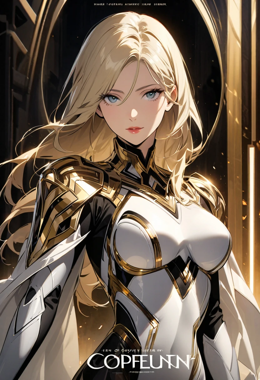 a mature woman of 26 years with long blonde hair, yellow eyes, wearing a white paladin outfit armor with a cape