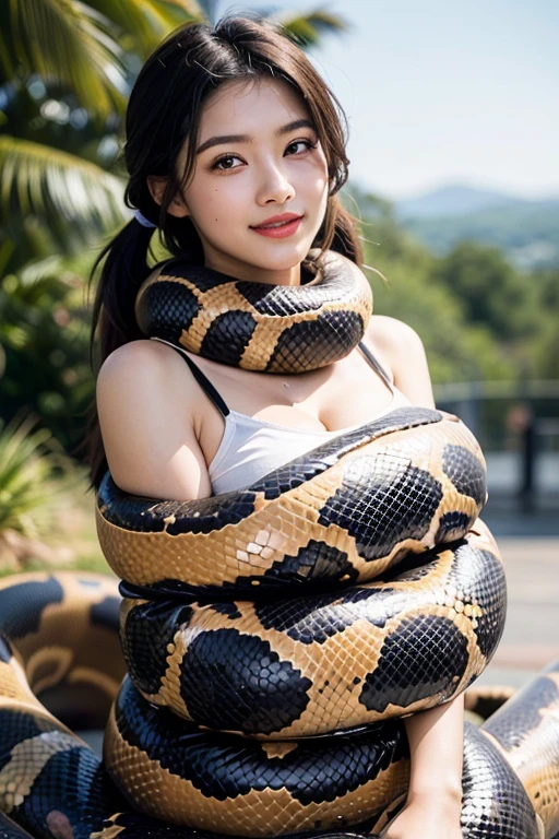 Korean idol, a woman, (tightly entangled in a python), blonde and sexy