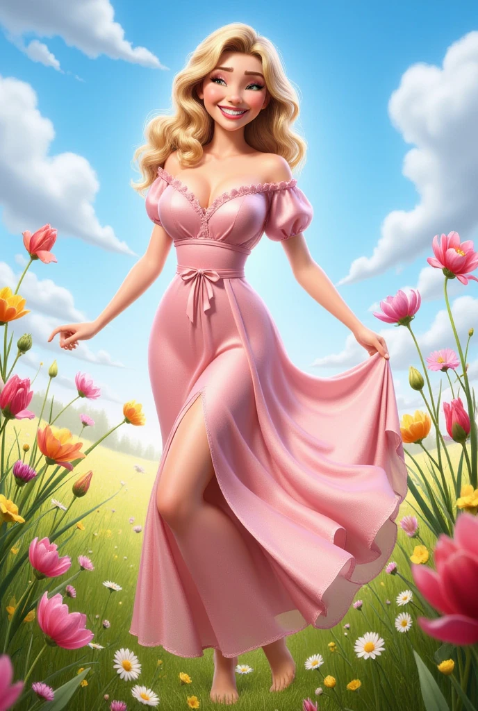 A fat blonde green eyed woman with tied blonde hair wearing a pink dress, She must have her hands on her heart and looking to the right with a smile on a blue background with no detail to highlight the woman