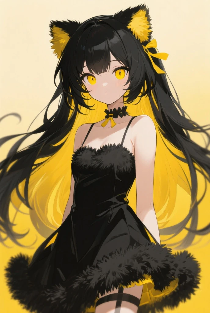 Prone position, front view, from front, looking at viewer, cleavage, squeezed ,  shoulders, falling dress, sleeveless, black hair, bright yellow eyes, high contrast