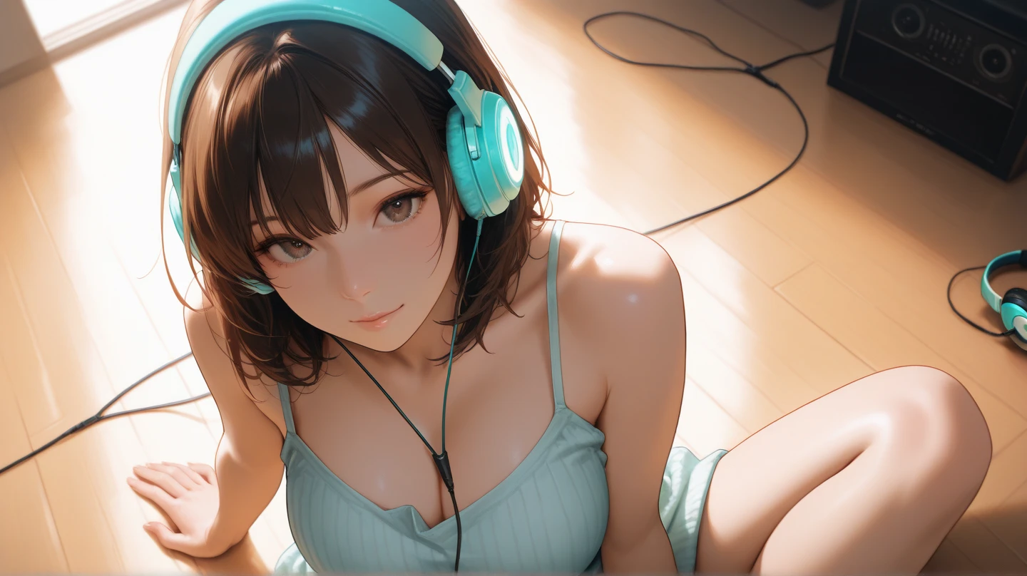 ((Top Quality)), ((Masterpiece)), ((Details)), perfect face, perfect body, sitting on the beach, listening to music, wearing headphones, wearing swimsuit, swimsuit transparent, tight with buttocks and breasts exposed Woman with clothes on and face visible