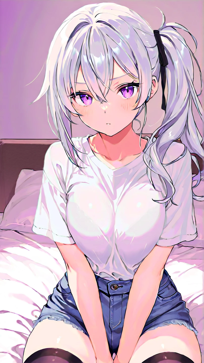 (white hair),(Curly hair with a lot of fluff:1.4),(short hair with curls:1.3),(With bangs),(rainbow colored eyes:1.25),Slight red tide,(Beautiful breasts spilling out of clothes:1.3),(The eyes are shining brightly:1.2),(eye size:1.7),(Bedroom with morning sunlight:1.23),(cute girl's room:1.35),(Dabo Dabo T-shirt:1.3),(rubbing eye:1.25),(close up of face:1.4),(perspective from above:1.3),(face when waking up:1.3),(beautiful body),(Older sister sitting on the bed),(slouch:1.4),(Hands on the bed:1.25),