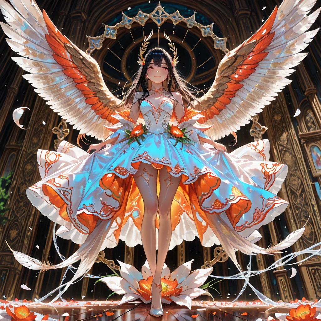 ((best quality)), ((masterpiece)), (detailed),1girl,solo,angel, quan,full body,colorful, extremely detailed CG unity 8k wallpaper, intricate details, kaleidoscopic imagery, symmetrical patterns, vibrant colors, geometric shapes, mesmerizing designs, optical illusions, dynamic composition, pantomime art, crystallineAI