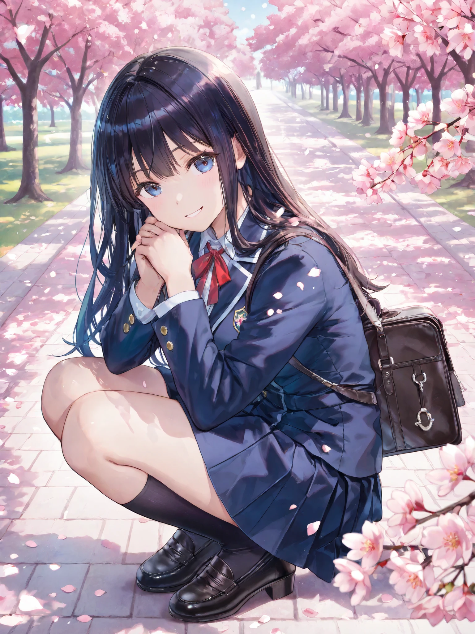 soft touch expression image quality、 soft contrast、Japanese High School Girls、long black hair、Red ribbon on back hair、cute smile、Invincible Smile、Navy Blue and Green Blazer Uniform、white and blue stripe miniskirt、Black School Socks、Dark Brown Strappy Leather Shoes、May Clear Skies、the person is small、Slope Small Residential Area、Cherry blossom trees、Fluttering Cherry Blossom Petals、Spring scene、Stairway Path、portrait photography、