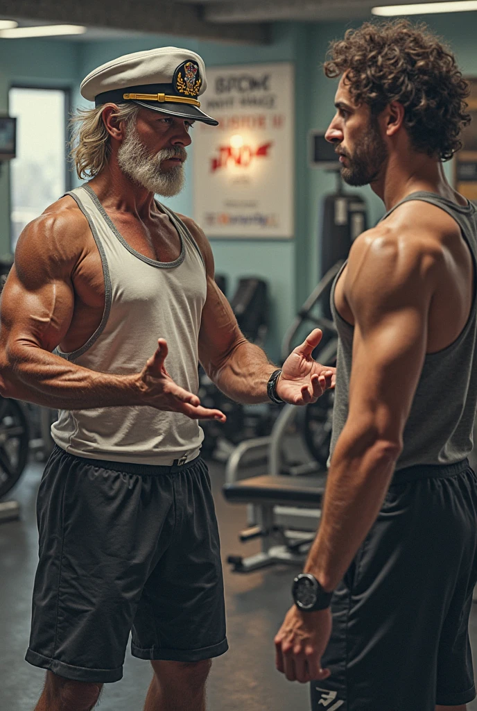 Skinny guy getting advice by old trainer in the gym