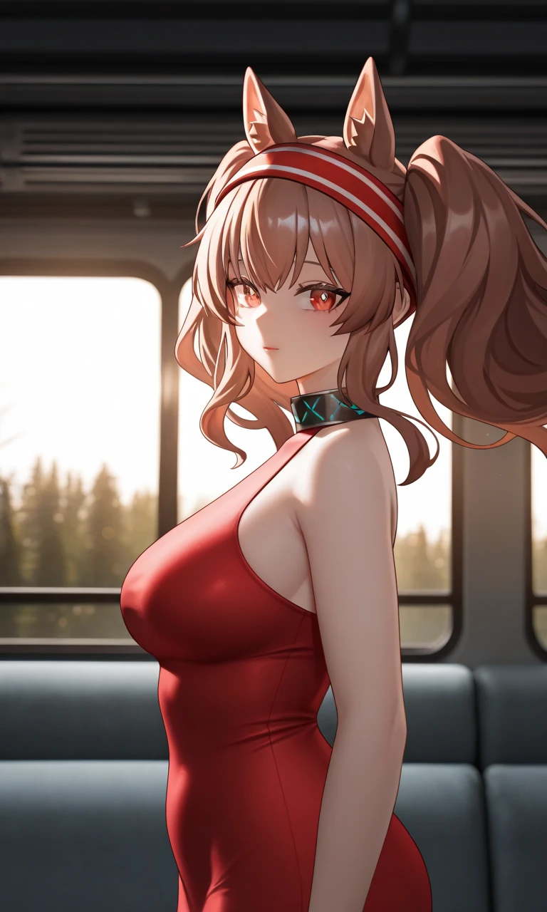 20-year-old girl,Crimson hair,side braid,Smile,Large Breasts,cleavage,Sheer red sleeveless top,Leave space in the middle to reveal cleavage,Soaked all over,Blushing,green eyes,Female spy,Red miniskirt,White gloves,White hand sleeves,White boots,Science fiction,Future,robot driver,There is a pistol on the back belt,No bangs,Wearing earrings only on one side,leather neck brace,There is a belt around the waist,Inside the robot cockpit