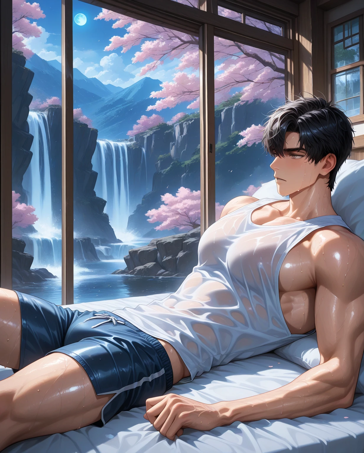((best quality)), ((masterpiece)), (detailed), ((best quality)), ((masterpiece)), (detailed), ((best quality)), ((masterpiece)), (detailed), (male), (((a wet handsome man, wearing transparent boxers, with a big dick bulge)))