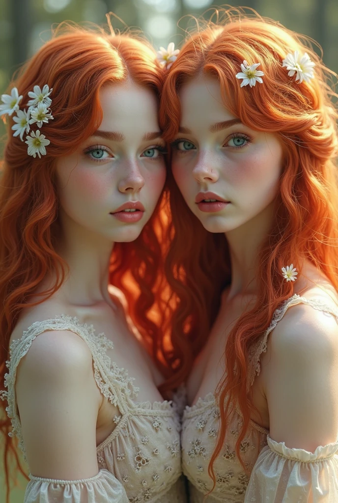 there are two girls with red hair standing next to each other, beautiful gemini twins portrait, beautiful gemini twins, redhead girl, beautiful girls, with curly red hair, flowing ginger hair, curly red hair, cute young redhead girl, cute girls, young girls, red hair and attractive features, ginger hair, with red hair and green eyes, ginger hair with freckles