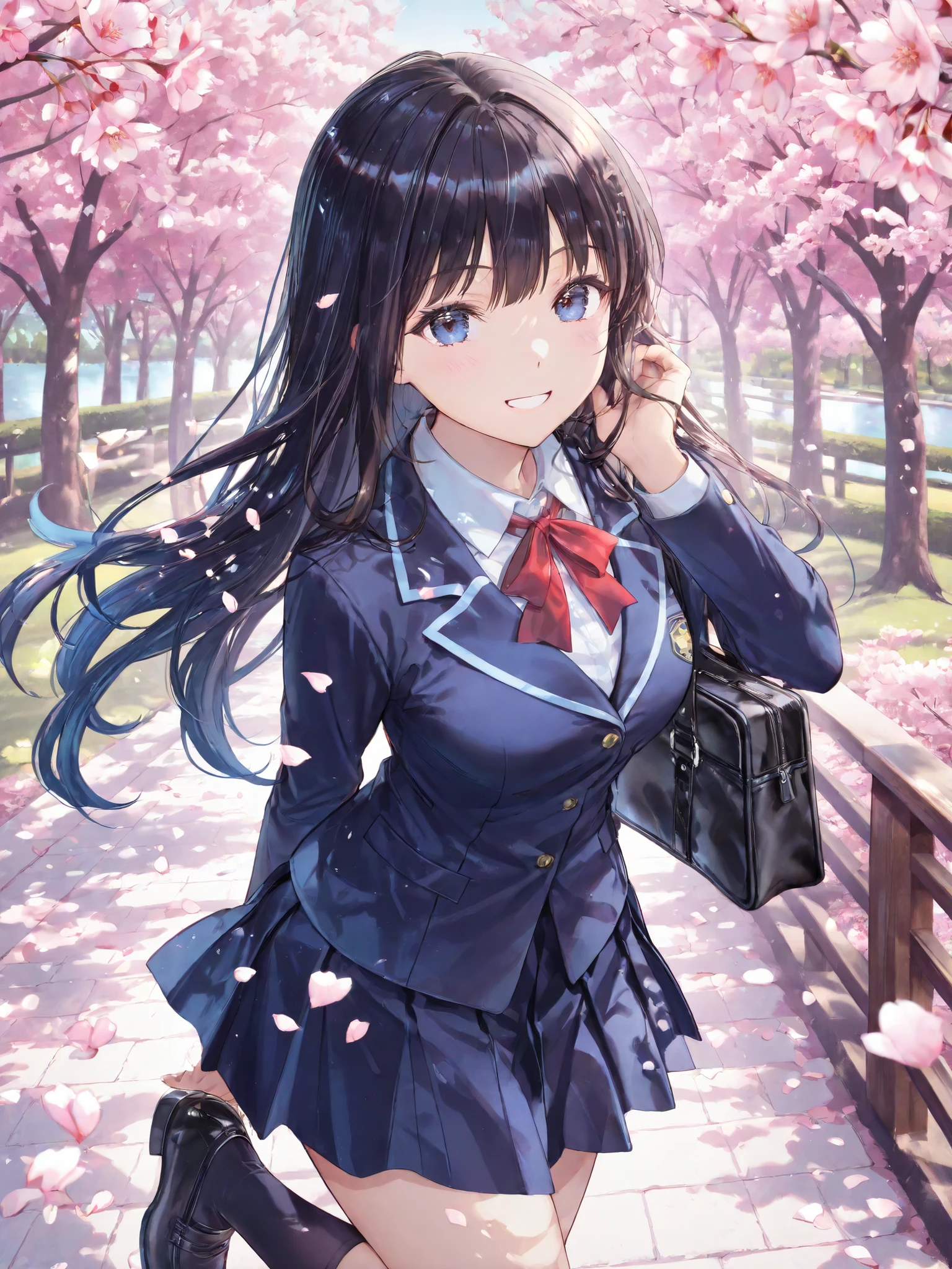 soft touch expression image quality、 soft contrast、Japanese High School Girls、long black hair、Red ribbon on back hair、cute smile、Invincible Smile、Navy Blue and Green Blazer Uniform、white and blue stripe miniskirt、Black School Socks、Dark Brown Strappy Leather Shoes、May Clear Skies、the person is small、Slope Small Residential Area、Cherry blossom trees、Fluttering Cherry Blossom Petals、Spring scene、Stairway Path、portrait photography、