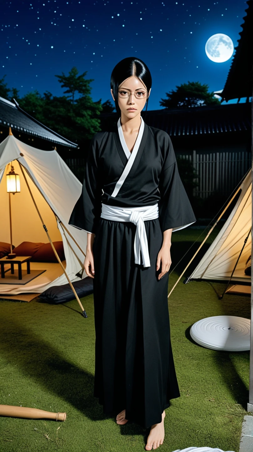 nsfw, o Ise from anime Bleach, glasses, Black kimono and a tent target on left arm, kimono on the ground, Seductively gazes at the viewer, standing in front of a japanese castle in a beautiful night, Full os stars and moon