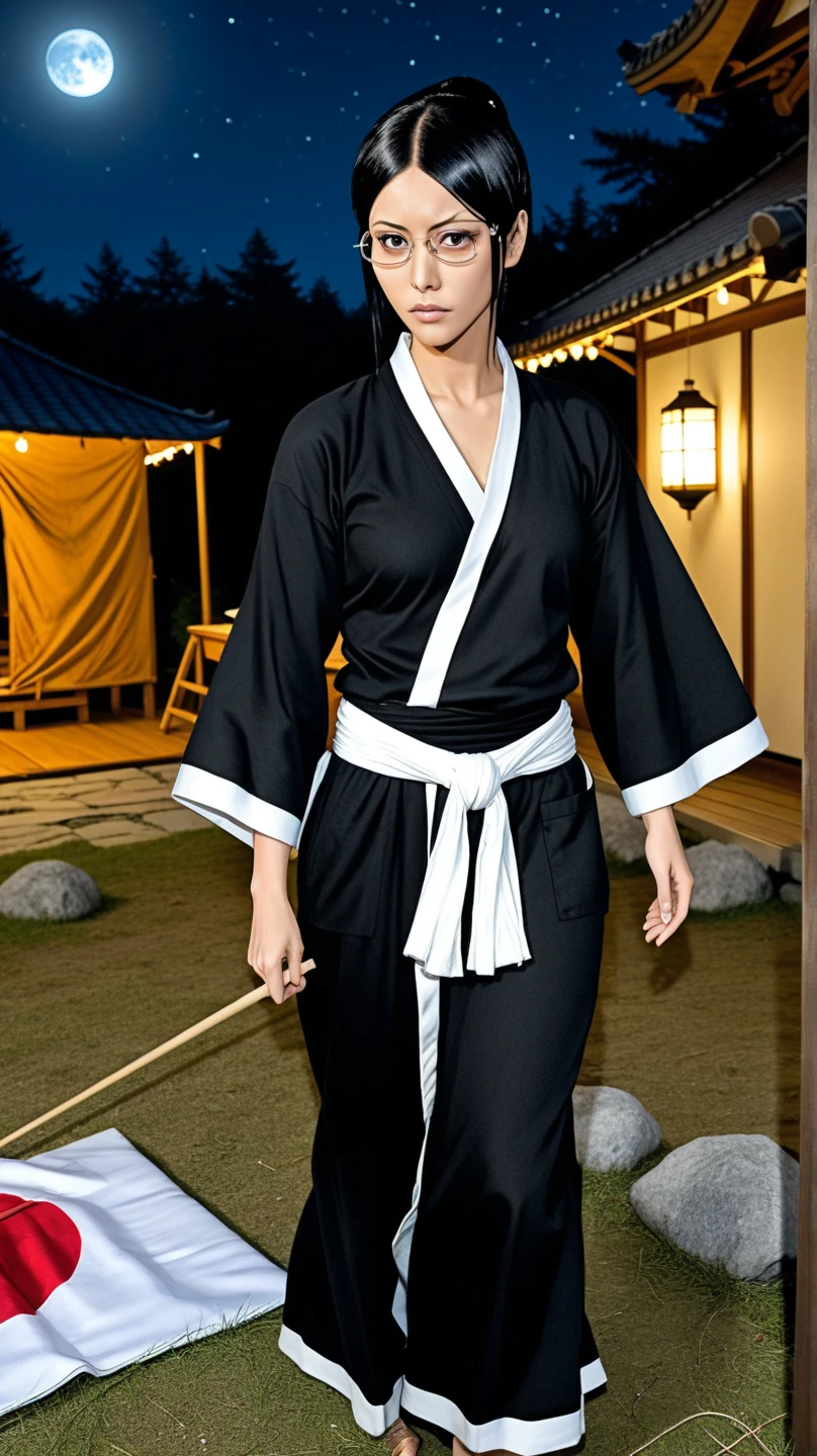 nsfw, o Ise from anime Bleach, glasses, Black kimono and a tent target on left arm, kimono on the ground, Seductively gazes at the viewer, standing in front of a japanese castle in a beautiful night, Full os stars and moon