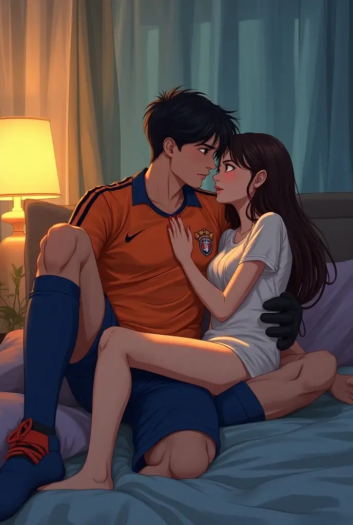 Amazing portrait of a young woman wearing white and orange striped t shirt and orange shorts and young boy wearing a navy blue t shirt and black shorts sitting on a bed together and kissing and making out passionately in a sexy and hot and lustful setting