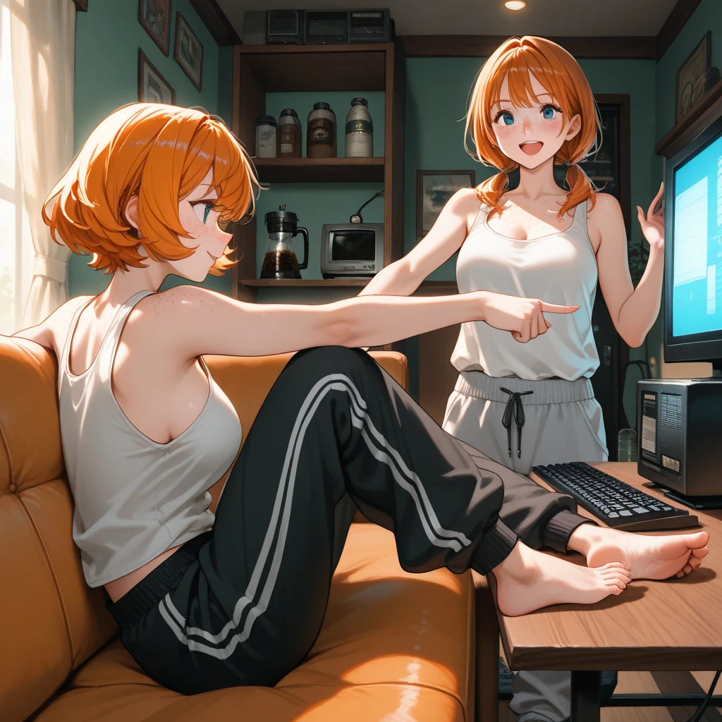 (masterpiece, best quality), best resolution, (2heads:1.5), 1girl, orange hair, blue eyes, glasses, focused, determined, teeth grit, blue shirt, black pants, sitting on a couch, playing a difficult video game, holding a gaming controller in both hands, living room