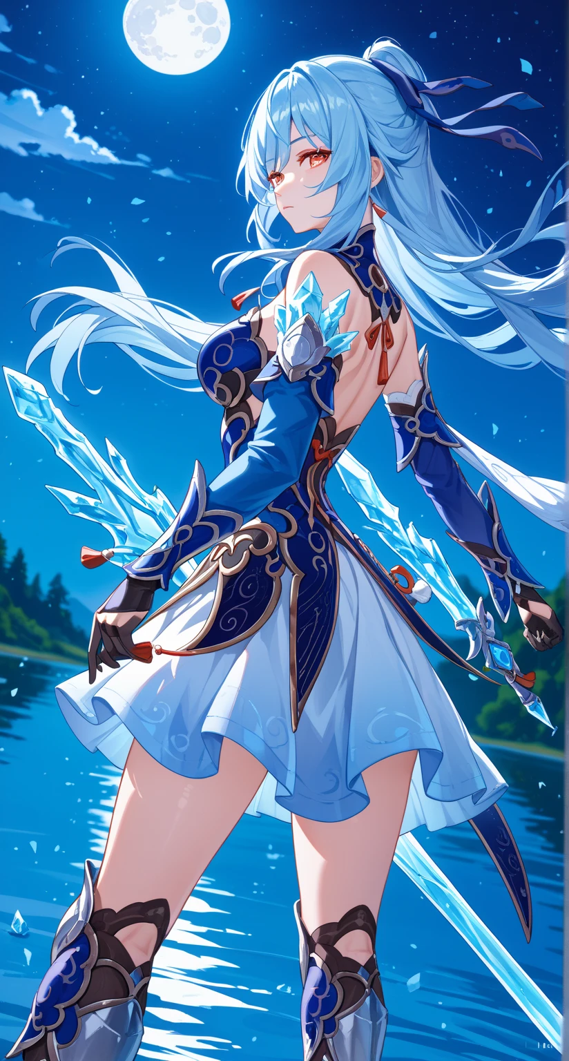 nsfw,Jingliu,glass cover,back shot,alternate color,masterpiece,detailed illustration,lifelike,{{{1Jingliu}}},shiny beautiful woman,cinematic lighting,dynamic angle,dynamic pose,depth of field,looking at viewer,1girl,red eyes,glowing eyes,blue armored dress,white skirt,tassels,hair ribbon,black gloves,blue sleeves,armored boots,light blue skirt,lake,dark,night,dark night,darknight sky,full moon,ice sword,expressionless,standing,open legs,from below,thigh focus,looking back