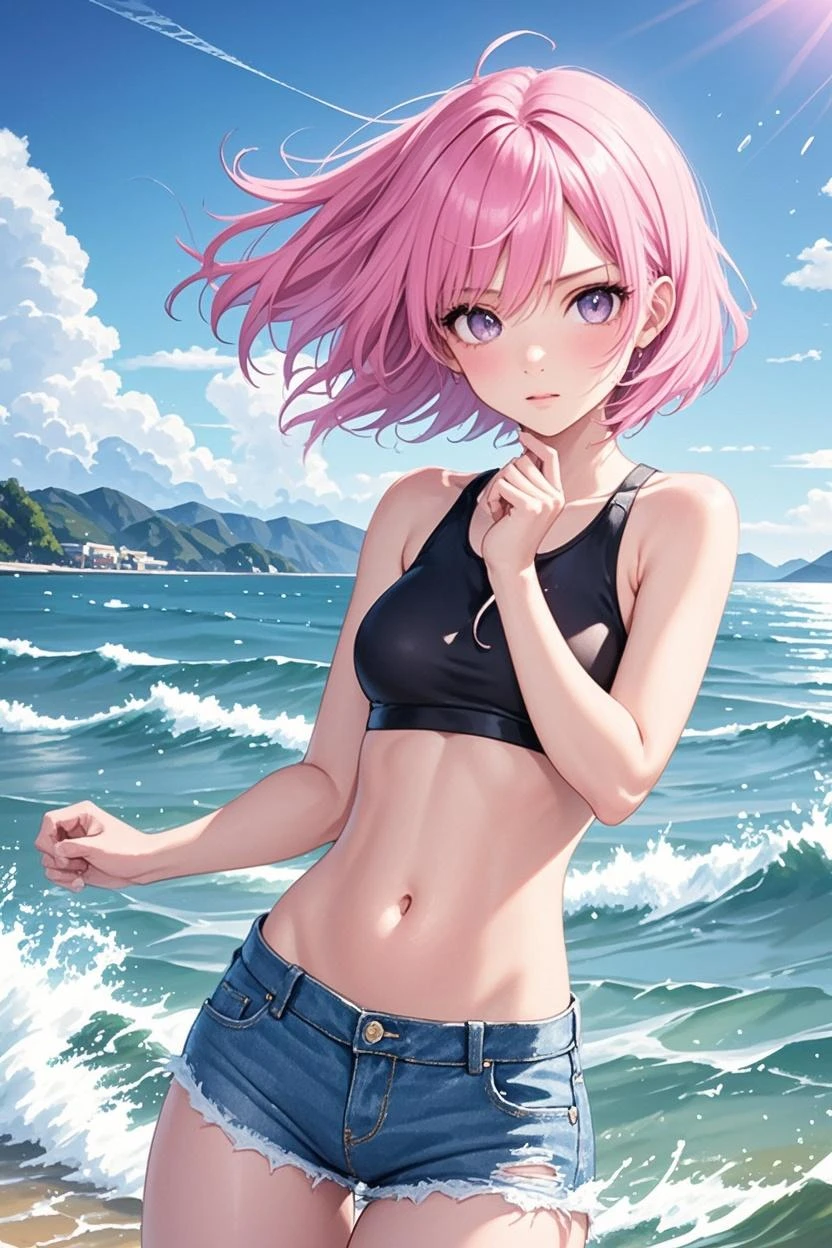 professional photo of a cute sexy happy suggestive woman on the sunny beach, completely soaked in sweat, wind above hair, ultra high quality, volumetric, pink-orange, global illumination, ambient occlusion, masterpiece, omimoji, busy image, awards winner, intricate details, masterpiece, octane render, unreal engine 5, ambient volume, volumetric shades, volumetric color grading