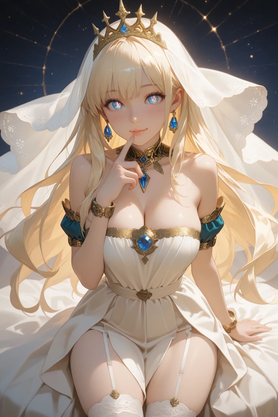 (best quality, 4k, 8k, high resolution, masterpiece: 1.2), ultra-detailed, hauntingly beautiful, powerful, mystical, majestic, mysterious, enchanting, elegant, seductive, beauty, attractive, long white dress, floating, shining, robes fluttering, delicate and detailed features, piercing eyes, radiant skin, on a bed, a shining tower, vast wuarto, divine beauty, solemn atmosphere, face portrait