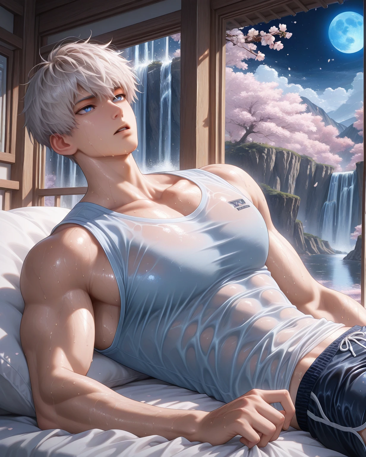 1 male, Japanese male model, high resolution 4k, adult, handsome, perfect face detail, detailed eyes and face, muscular, white eyebrow hair, white eyelashes, Naked torso, Detailed face, perfect face, real skin texture, detail Perfect hand, details, Real and complete hand details, unreal engine, hd picture, satoru gojo, Jujutsu kaisen, white hair, short hair ,hair between eyes ,blue eyes, white skin, hold a cigarette, Open jacket