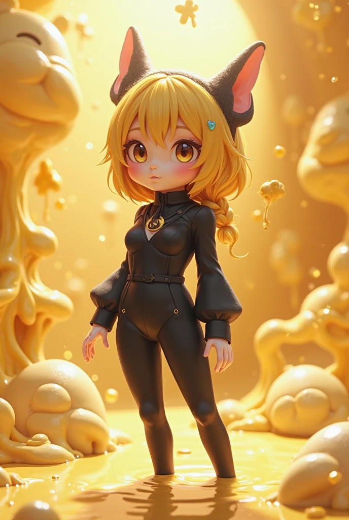 3dmm style, (masterpiece, best quality), intricate details, 1girl, solo, bea\(pokemon\), bow hair band, printed shirt, tied shirt, black bodysuit, bodysuit under clothes, single glove, print shorts, knee pads, barefoot, cowboy shot, looking at the viewer from behind, lime green clothing and bramca