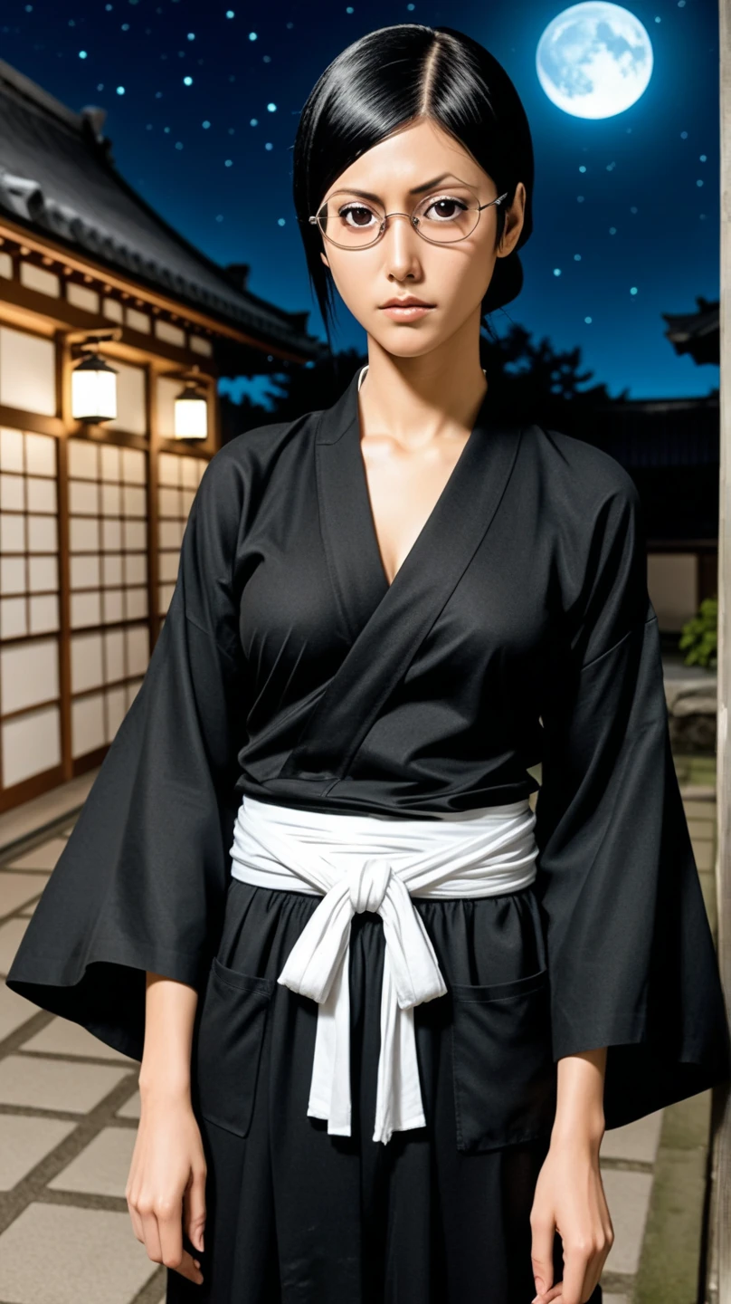 nsfw, Nanao Ise from anime Bleach, glasses, Black kimono lowered at fet, showing breats, Seductively gazes at the viewer, standing in front of a japanese castle in a beautiful night, Full os stars and moon