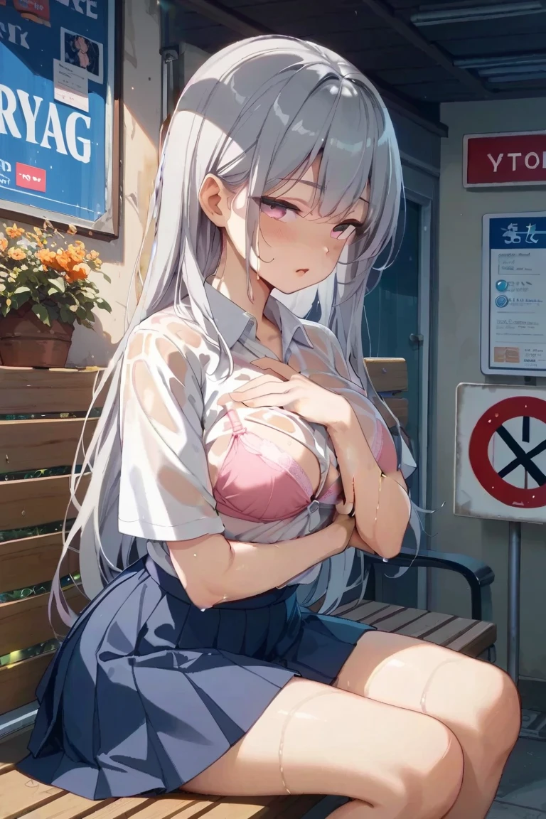 (masterpiece、top-quality、ultra-detailliert)、((1 girl))、((silver hair French braid))、light blue eyes、she is looking his penis,evilsmile、piercings、((very Bigger breasts))、White camisole、shortsleeves、cleavage、Black pleated skirt、(cameltoe,pussy,)、(white long slouchy socks)、loafers、(squatting)、Taken from below、street Background,(((see through camisole)),(((visible Nipples)),((smile)),((Mesugaki)),((grin)),red school bag,red backpack,((spread legs)), BREAK a Naked boy,pov male masturbation,((boy show off the penis)),penis to her face,((penis)),squeeze own penis,((eject cum)), ((cum,sperm,semen)),((ejaculation semen)),((ejaculation cum))