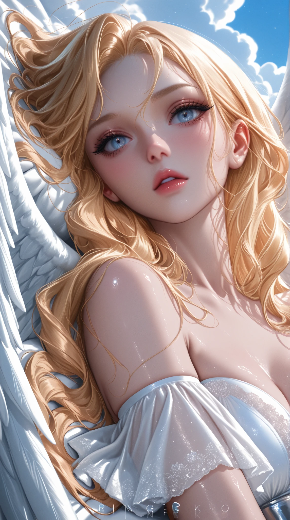 ((ultra quality)), ((realistic,digital art)), (hyper detailed) a beautiful angel woman with halo of light, nude, intricate detailed face, delicate facial features, porcelain skin, ethereal, serene expression, elegant pose, feathered wings, graceful, divine, shimmering light effects, cinematic lighting, chiaroscuro, dramatic shadows, muted color palette, romantic, dreamlike, mystical