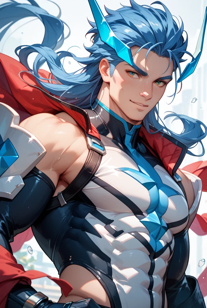1male, red skin, antennae, long blue hair, headband, super suit, tied to waist, oversized fur coat, serious, muscular, space ship, arms folded, facing viewer
