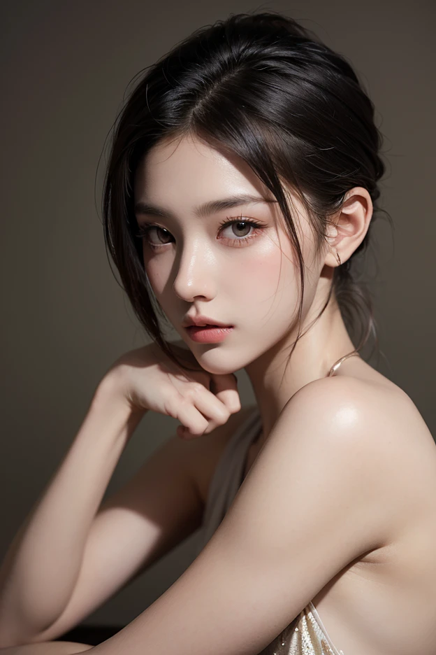(8K, Photorealistic, Raw photo, of the highest quality: 1.3), (1girl in), Super beautiful, (Realistic face), (boyish, Silver Color Berry Shorthair), Beautiful , Glare that captivates the viewer, Beautiful expression, Beautiful breasts, (Realistic skin), Beautiful, without cloths, pink nipples, pink lips, without bra, bib 