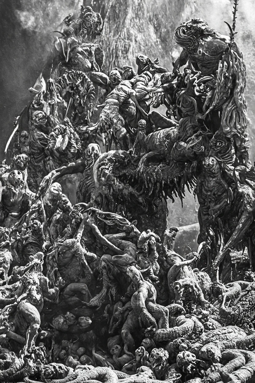 in (medium full shot:3.1) of lot of characters from a movie for slave girls from beyond infinity, inspired by Zdzislaw Beksinski and Wayne Barlowe, futuristic apocalypse, stalenhag, metal album cover, gwar, heavy metal band promo, wayne barlowe pierre pellegrini, (with Creepy, Sci-Fi, Fantasy and Horror:2.9) retro sci fi, Horror movie, very detailed body, moody, epic, ((Cinematic film)), ((Ultra Detailed)), Complex, ((Sharp Focus)), Object Texture, Studio Photo, Complex Details, ((Highly Detailed)), Photo Real Style, ((Hyper-realistic)), High Dynamic Range, ((Realistic Textures)), 8K UHD, Nikon D 850, Kodak Portra 400, Fujifilm XT, rich colors, (3D rendering:3.1)