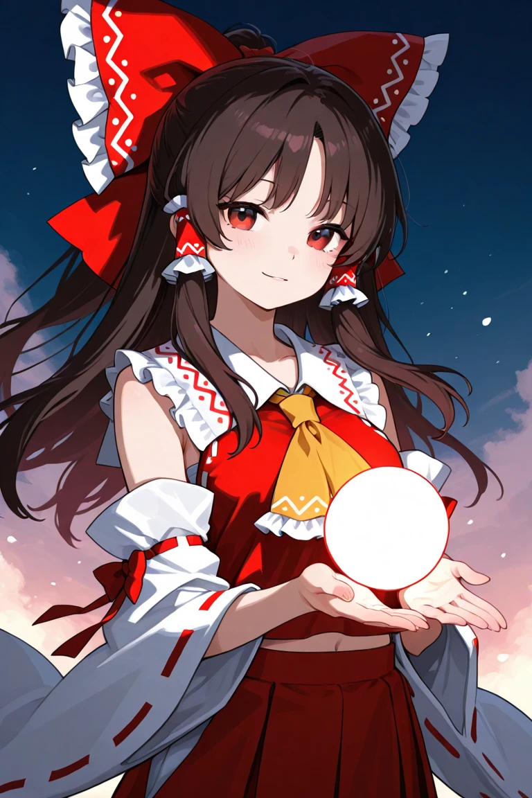 masterpiece, best quality, very aesthetic, absurdres, newest,1girl,naked_shirt, covered_nipples, ,touhou, hakurei_reimu, 1girl, brown_eyes, brown_hair, long_hair, hair_bow, hair_tubes, frilled_hair_tubes, hat, witch_hat,,,in space