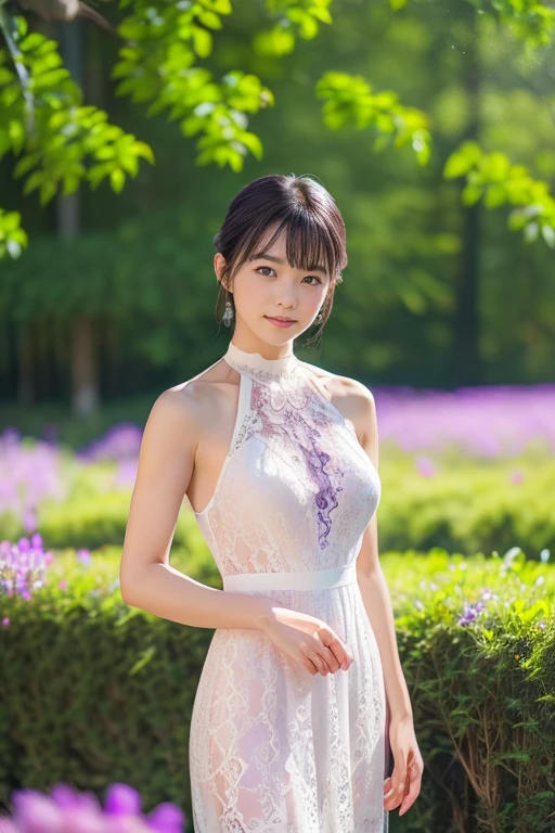 (Surreal), (illuminations), (A high resolution), (8K), (The is very detailed), (The best illuminationsneautiful detailed eyes), (quality), (ultra - detailed), (masterpiece), (wall-), (Detailed faceeatiful smiling face)、(beautiful countenance)、Medium length bob haircut、Earrings with bangs、独奏、(((Cute Japanese beautiful girl)))、 ((20-year-old Japanese beauty wears transparent tulle clothes)、 real looking skin、、非常巨bigger胸围、ruhrbodyesbian、bigger、 backgound、