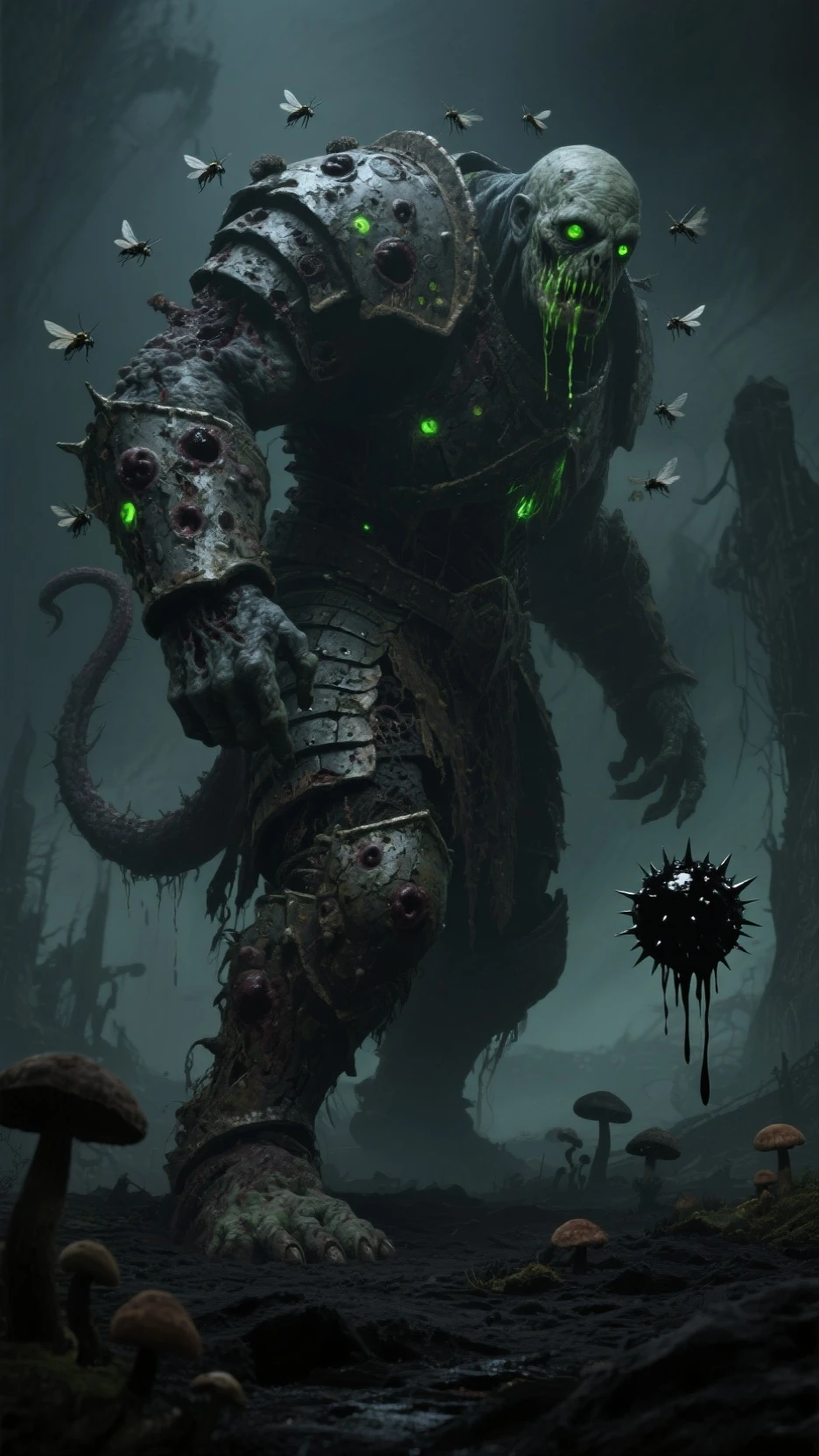 (best quality,4k,8k,highres,masterpiece:1.2),ultra-detailed,(realistic,photorealistic,photo-realistic:1.37),chaos marine of Nurgle,strolls,forest,mushroom blighted,decay,bloated demons,playful,atmospheric,haunting,twisted,macabre,ominous,dark colors,distorted perspective,putrid,misty,thick,heavy,uncanny,nightmarish,rotting,miasma,haunting presence,monstrous,cursed,corrupted,disfigured,trapped souls,overgrown roots,giant mushrooms,dismal backdrop,twisted branches,decaying foliage,glowing mushrooms,gooey substances,saturated colors,morbid charm,unnatural growth,ethereal,creeping vines,murky atmosphere,silent footsteps,corroded armor,agonizing transformation,stagnant air,shrieking whispers,shadows lurking,unsettling ambiance,anganizing agony.