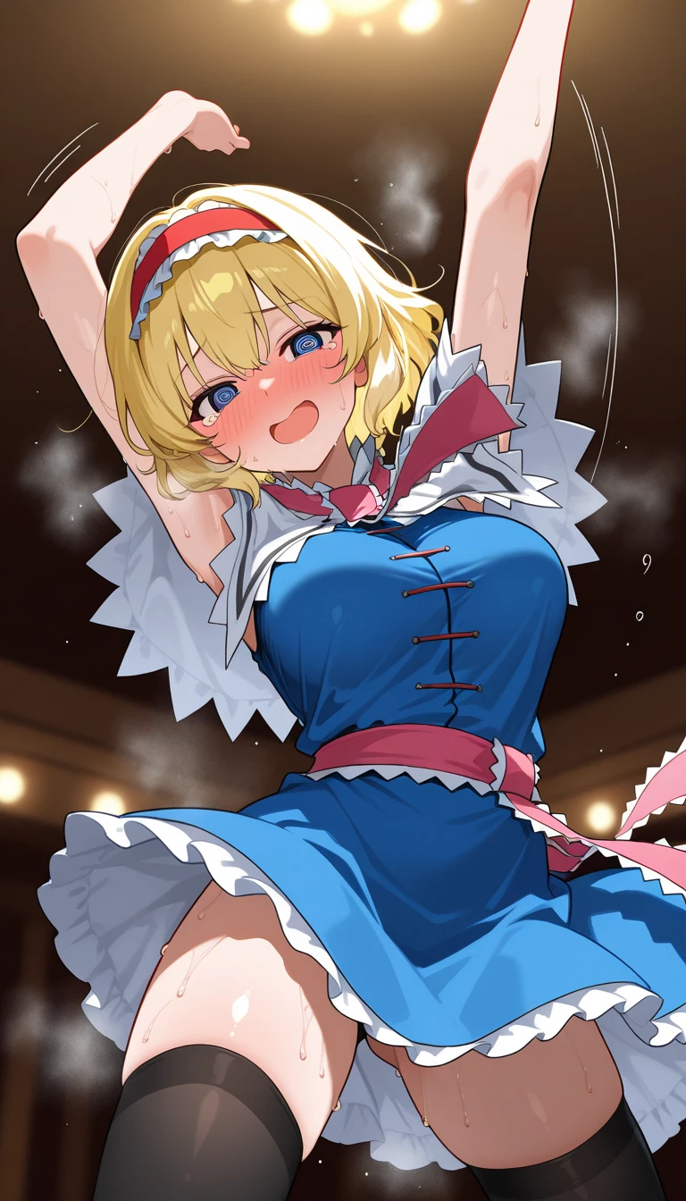 score_9, score_8_up, score_7_up,  source_anime, 1girl, solo, absolutely resolution, cowboy shot, from side, from front, from below,
<lora:bachiboko_piercing_ojousama_v1-rev3:0.9> bachiboko_piercing_ojousama, blonde hair, blue eyes, large breasts, half-closed eyes, narrow waist, 
BREAK (blue ribbon piercing, blue corset pearcing:1.3), (anti-eyebrow piercings ,   neck piercing, nail polish, navel piercing:1), 
blush, kindly smile, closed mouth, embarrassed, 
white frilled bra, lace-trimmed panties, 
  <lora:Top_Off_PonyV2:0.5> topoffk1ck1x, phase3, undressing, arms up