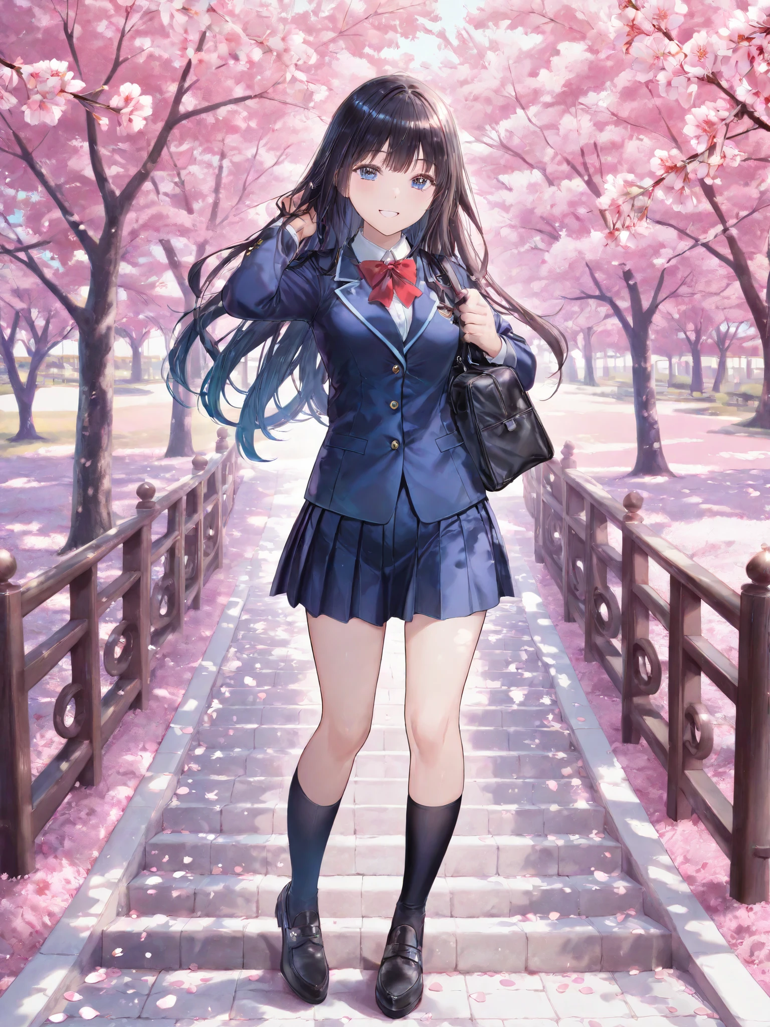 soft touch expression image quality、 soft contrast、Japanese High School Girls、long black hair、Red ribbon on back hair、cute smile、Invincible Smile、Navy Blue and Green Blazer Uniform、white and blue stripe miniskirt、Black School Socks、Dark Brown Strappy Leather Shoes、May Clear Skies、the person is small、Slope Small Residential Area、Cherry blossom trees、Fluttering Cherry Blossom Petals、Spring scene、Stairway Path、portrait photography、