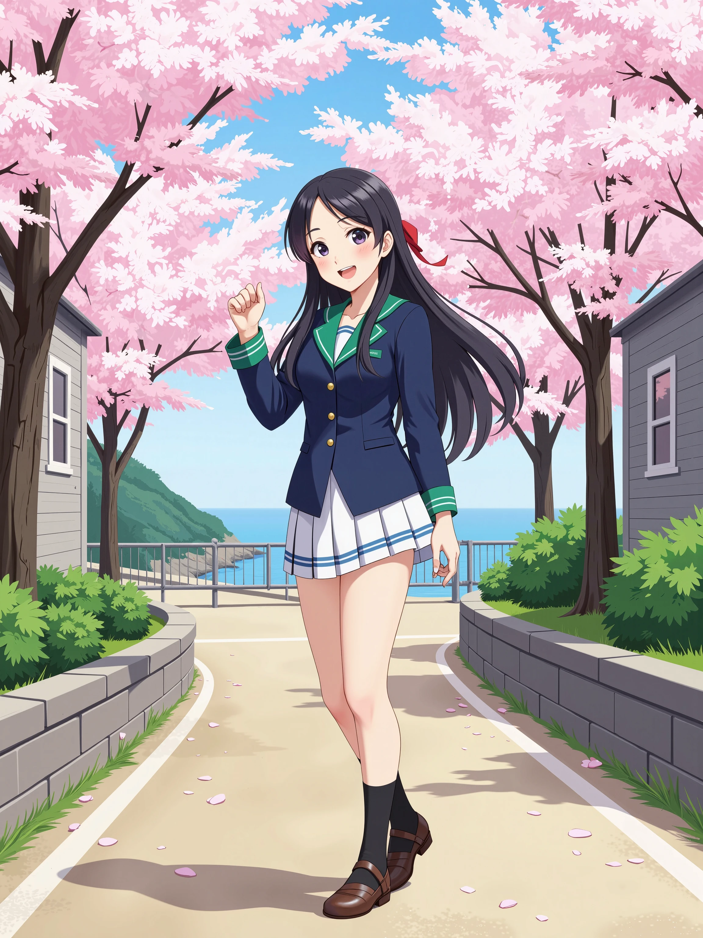 illustrated、soft touch expression image quality、 soft contrast、delicate expression of color and line by a female illustrator、Japanese High School Girls、long black hair、Red ribbon on back hair、cute smile、Invincible Smile、Navy Blue and Green Blazer Uniform、white and blue stripe miniskirt、Black School Socks、Dark Brown Strappy Leather Shoes、May Clear Skies、A small residential area with an ocean、slope in the distance、Cherry blossom trees、stage、Fluttering Cherry Blossom Petals、Spring scene、path with loose curves、portrait photography、