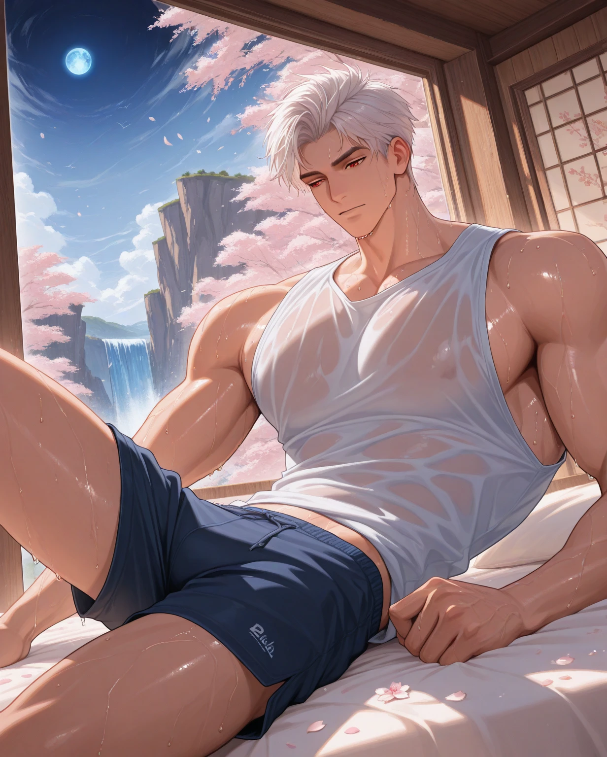 show off thick arms to the audience，closeup of armuscle protrusions on shoulders，Shoulders exposed，Stout arms，The highest image quality，male people，，1 young boy，young and handsome，Shoun，white  hair，Short straight hair，white skin，Big breast anime，anime wallpaper，standing alone，male focus，underpants，Dilation of the pectoral muscles，protruding red cover，Urban Background，spread their legs，sexly,(master part, best quality),long white socks Red Martin，((Exaggerated bulge of muscles))，shirtless