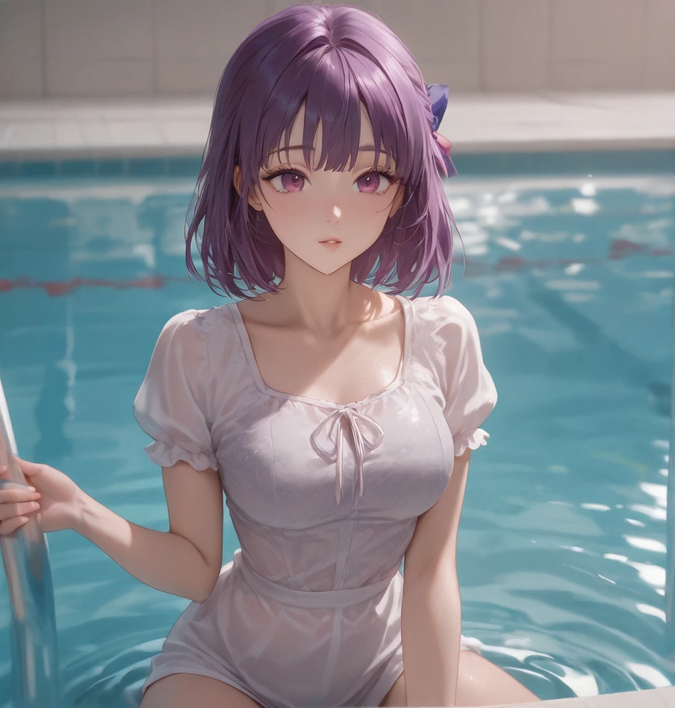 (Masterpiece, BestQuality:1.3), (ultra detailed:1.2), (hyperrealistic:1.3), (RAW photo:1.2), High detail RAW color photo, professional photograph, (Photorealistic:1.4), (realistic:1.4), (Pink Hair:1.5), professional lighting, perfect anatomy, (Big Breasts:1.2), (blush, detailed face), (A happy smile:1.7), sexly, erotic sexly, Random sexy gravure poses, (By the pool at a luxury hotel、A woman in a purple satin dress sits on a chair。The pool and hotel are in the background.、Accessory: silver necklace。:1.3)