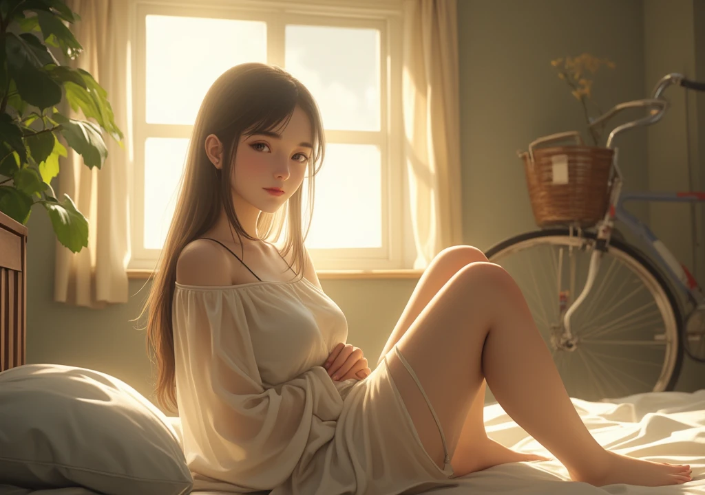 (Top resolution、distinct_image)best qualtiy、femele、masterpiece、ighly detailed、Semi-realistic、21years old、cute little、年轻、Beautiful fece、Naked oversized t-shirt、Shirt pulling、Neck collar、inside the house、Modern bedroom、window、awakening、morning、red blush Sheer see -through