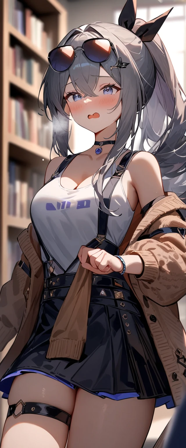 Browsing Caution,masterpiece,Highest quality,High resolution,Very detailed, Cowboy Shot, One girl, silver wolf\(Collapse Star Rail\), Grey Eyes, Grey Hair, Long Hair, ponytail, hair ornaments, Wear blue lens sunglasses on your head, cardigan, camisole, Panty Straps, Thigh straps, Strap slip, (Cleavage:0.7), Bare shoulders, skirt, choker, No underwear, Embarrassing, A look of expectation, Heavy breathing, Excited, sexual excitement, Seduce, blush, Shiny skin, View your viewers, Silky skin, Rub your thighs together, Love juice drips from the crotch