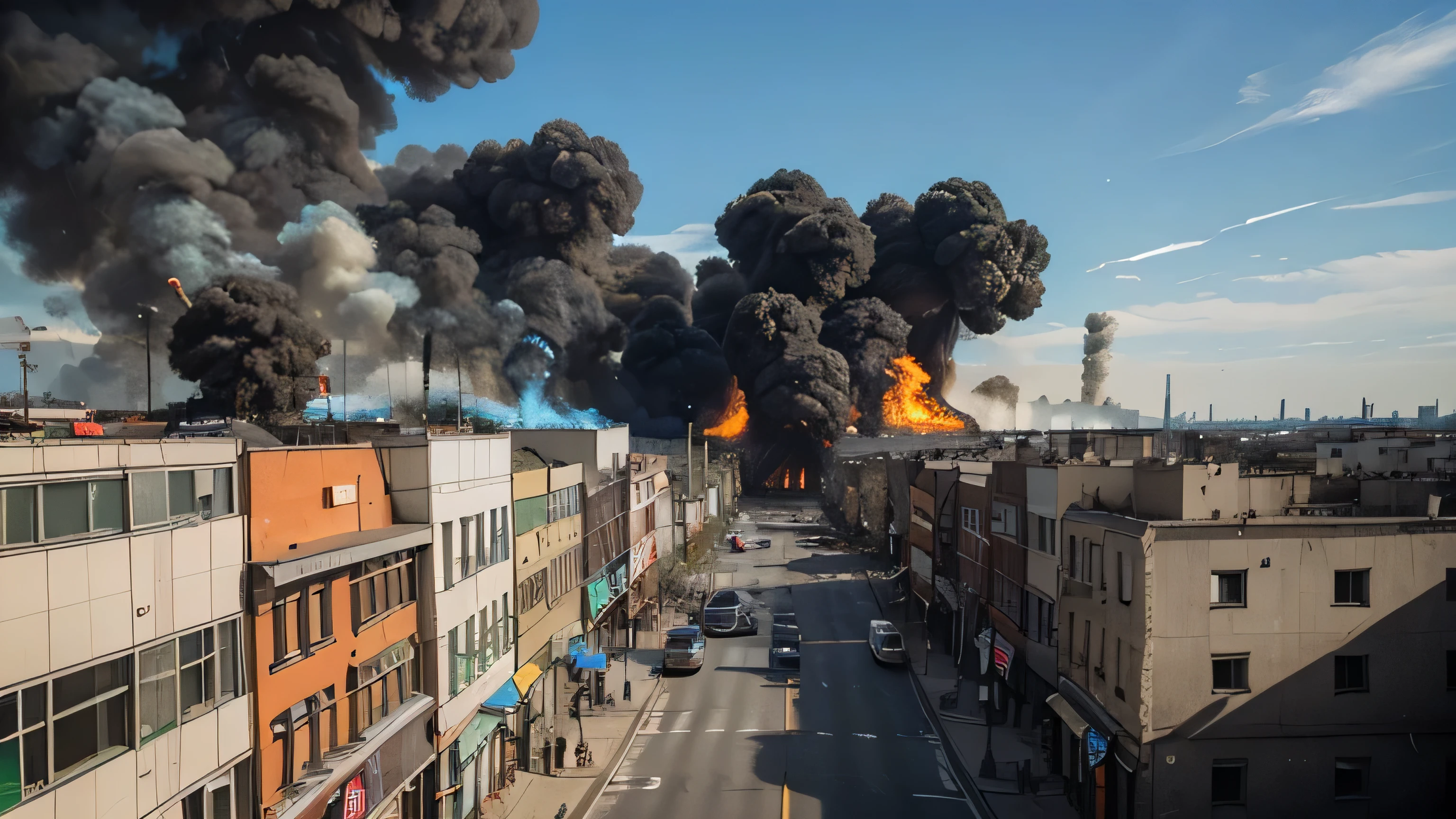 (masterpiece),best quality, (a woman in a street looking to a building explosion, building exploding, ), explosion, ((cinematic, low angle)),1girl, back, bright, smoke,street, night, fire, ((building on fire)), destruction, contrast, chaos, lights, intricate, explosion focus, fire trail,( full moon),smoke, buildings in the background, ((extreme high temperature)), (close up), high angle, dynamic, alone, solo, depth, perfect angle, detailed asphalt, buildings on the side, beautiful sky, poles, (smoke mushroom), smoke on top of the image, orange, dark, woman, backview BEAK the woman is wearing a jacket, the woman is using black clothes, is a sad image, the explosion is epic, the image has strong shadows, the explosion is bright, the explosion is the light of the image,the explosion contast with the dark, the building is burning BREAK perfect perspective, cinematic lighting, reflection light, backlighting, ray tracing, glowing light, 8k, super detail, ccurate, best quality, UHD, masterpiece, ccurate, high details, high quality, award winning, highres, 4K,