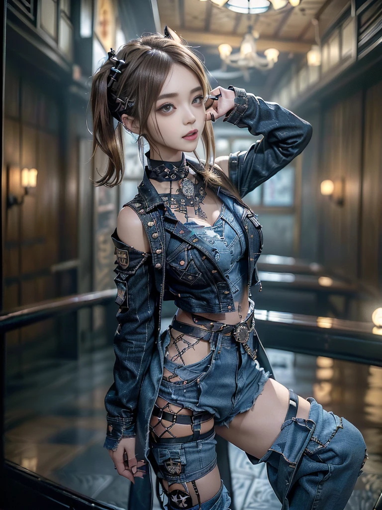 (Full Body View:1.3)、(Side view:1.2)、(Smiling with teeth showing:1.4),(Shibuya Gal:1.5)、(Gothic Lolita style fashion:1.5)、(Punk RockVisual Kei:1.5)、(Wearing a rhythmic gymnastics bodysuit with intricate details:1.4)、(Racing suit and pants with intricate turquoise, denim and charcoal decorations:1.5)、(Denim and light blue and turquoise boots:1.3)、((belt))、(Numerous delicate logo marks all over the costume:1.4)、(collar:1.3)、(Polka dot underwear:1.5)、20-year-old、NSFW、((Highest quality、In 8K、masterpiece:1.3))、Sharp focus:1.2、(Layered Cut、Huge boobs:1.1),Beautiful woman with perfect figure:1.4、(Doing a ballerina pose:1.3)、Slender Abs:1.2、Highly detailed face and skin texture、Detailed eyes、double eyelid,(Twin tails:1.3)、(Brown-golden hair:1.3)、Gravure idol、(The background is the stage of the fashion show:1.3)、(Slim Body:1.3),(Make your legs thinner:1.4),(clavicle:1.1)