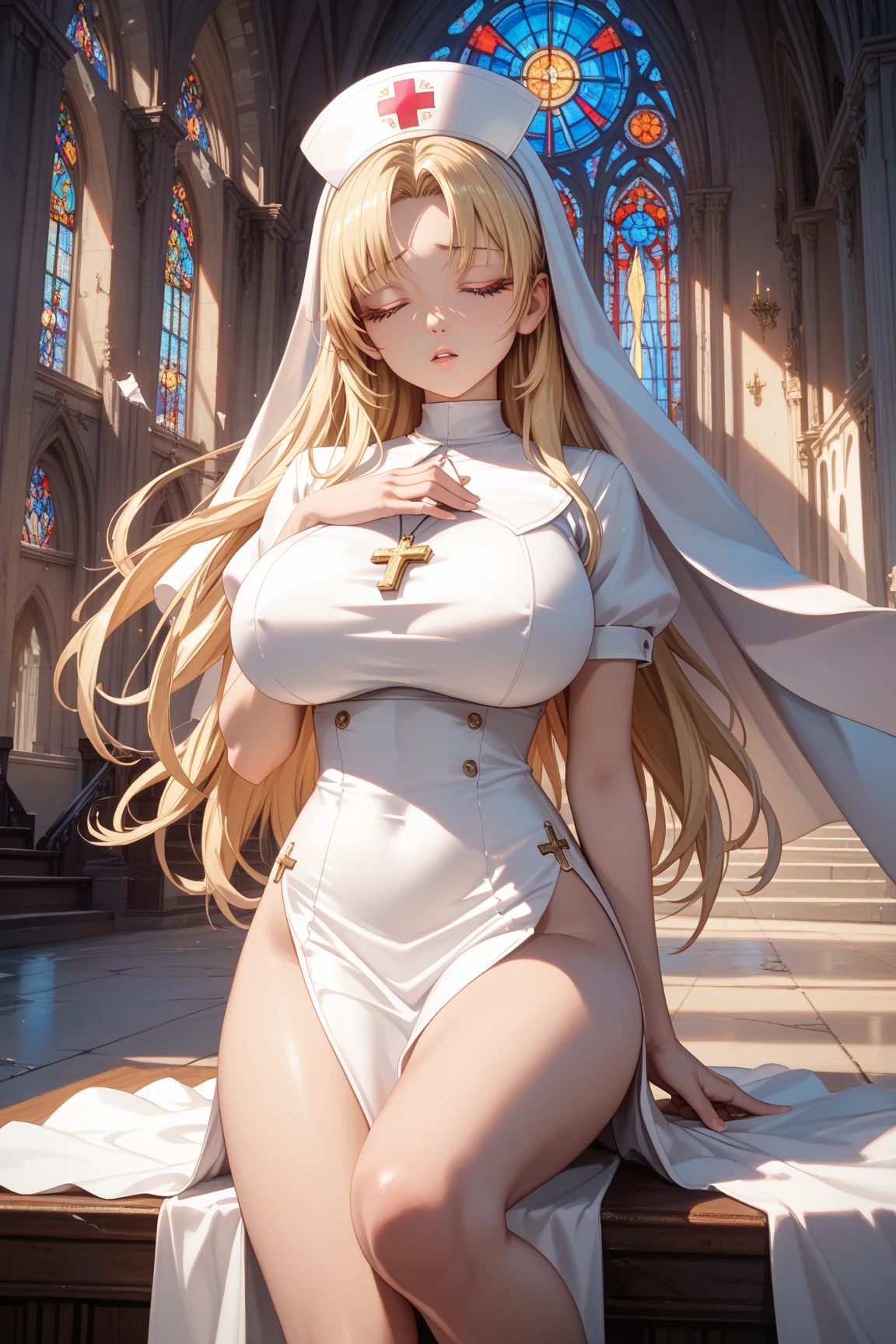 best qualtiy，Full body like，Cinema lenses，Refined face，pretty  face，Cute sexy girl，ssmile，slimfigure，Stand in front of a  art sculpture，Long curly white hair，mediuml breasts，Golden Chapel，Openwork sexy nun uniform，Delicate and sexy nun robes，chies，，Beth，interior scenes，flowers in full bloom，Open the collar，Expose cleavage，Raised sexy，nipple bump，tit，vacuum，耳Nipple Ring，choker necklace，Stretch meat，