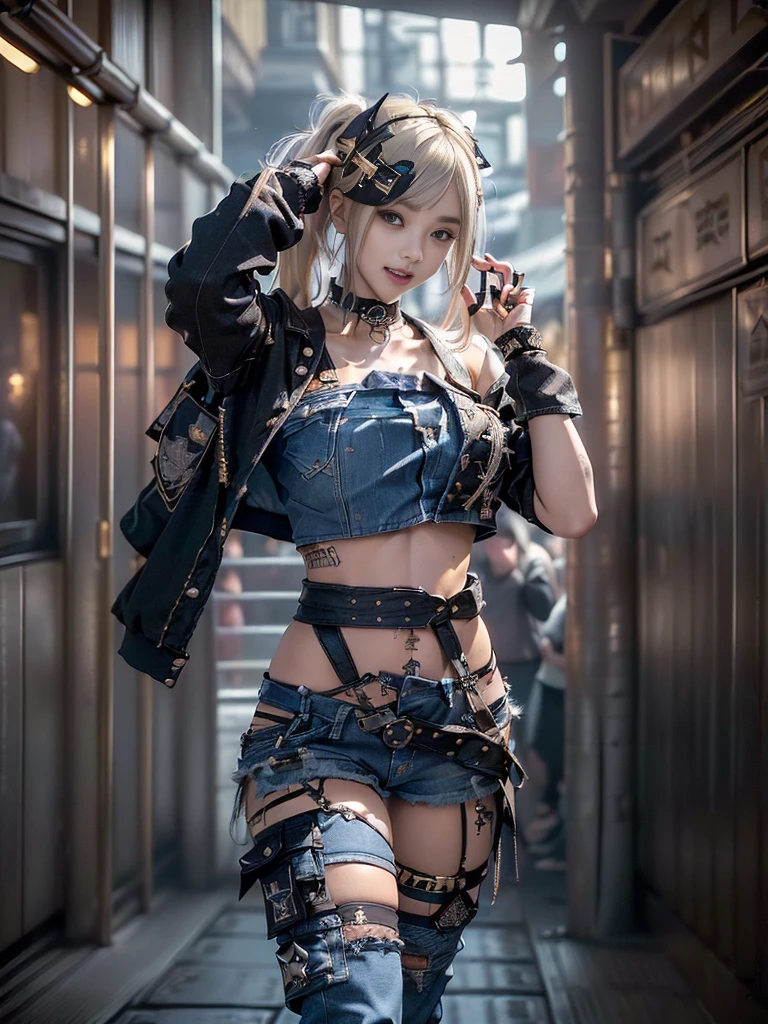 (Beautiful lips and nose:1.4)、(Long eyelashes:1.4)、(Smiling with teeth showing:1.3),(Shibuya Gal:1.5)、(Gothic Lolita delicately decorated dress:1.5)、(Tattered denim and black punk rock cargo pants:1.5)、(Denim and black navy skull mark small jacket:1.4)、(denim garter belt:1.5)、(Black and denim knee socks:1.3)、(Skull Silver Accessories:1.5)、(Denim collar:1.3)、(Brown Skin Belt:1.4)、(Brown boots:1.2)、(The underwear is striped:1.4)、31 years old、((Highest quality、In 8K、masterpiece:1.3))、Sharp focus:1.2、(Layered Cut、Huge boobs:1.1),Beautiful woman with perfect figure:1.4、(Dancing vigorously:1.3)、Slender Abs:1.2、Highly detailed face and skin texture、Detailed eyes、double eyelid,(Twin tails:1.3)、(Cream colored hair:1.3)、Gravure idol、(The background is a vast mountain with a clear view々Beautiful luxury resort destination in Europe:1.3)、(Slim Body:1.2),(Make your legs thinner:1.4),(clavicle:1.1)