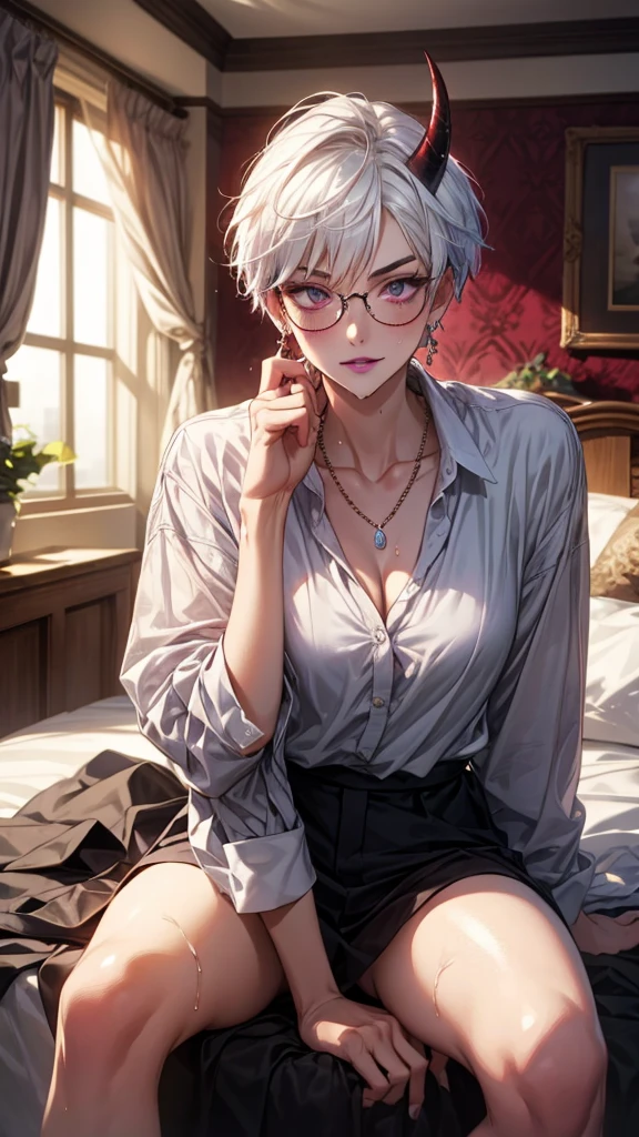 8k, masterpiece, best quality, highly detailed, 1girl, tiefling, multicolored hair, very short straight hair green highlight hair on white hair, strippled hair, wearing glasses, earrings, necklace, mole, glowing green eyes, glamorous , white shirt, bare feet, navel piercing, villainy, smirk, seductive pose, close up view, rings, looking at viewer, demon horns, lying on bed, wet shirt.