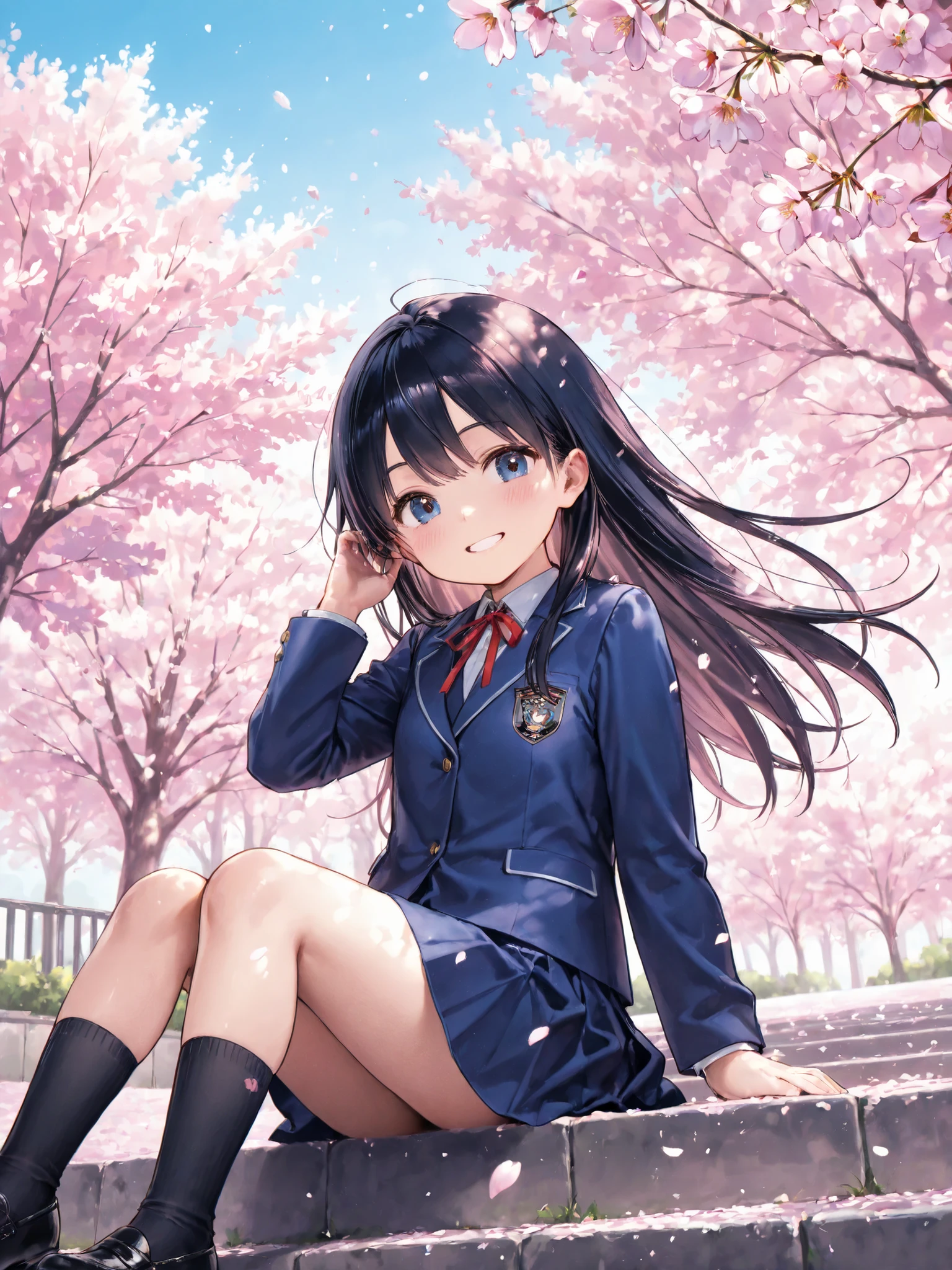 soft touch expression image quality、 soft contrast、Pretty Japanese high school girl、long black hair、Red ribbon on back hair、cute smile、Invincible Smile、Navy Blue and Green Blazer Uniform、white and blue stripe miniskirt、Black School Socks、Dark Brown Strappy Leather Shoes、May Clear Skies、the person is small、Slope Small Residential Area、Cherry blossom trees、Fluttering Cherry Blossom Petals、Spring scene、Stairway Path、portrait photography、