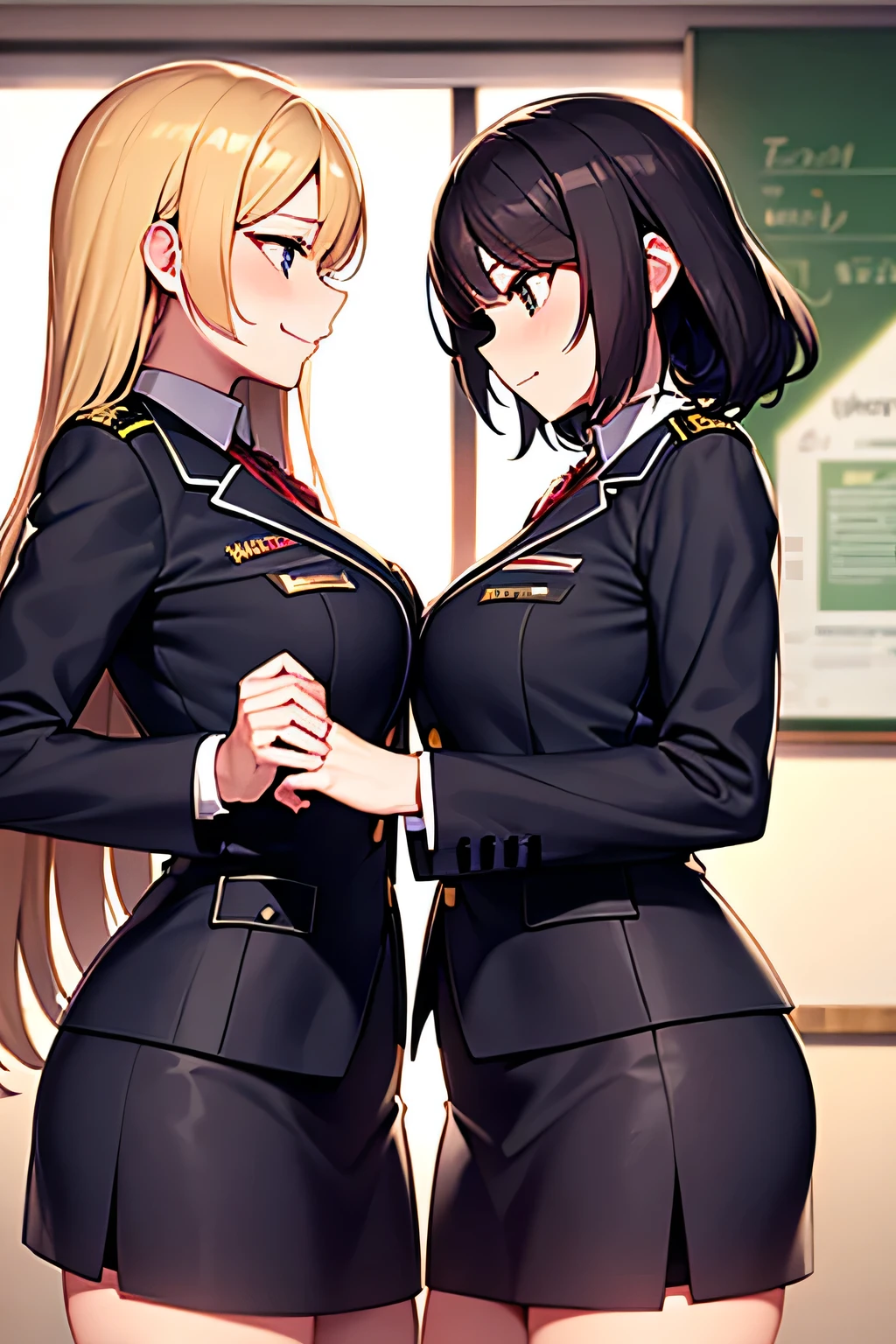 three sexy women in office outfits, flirtatious smiles