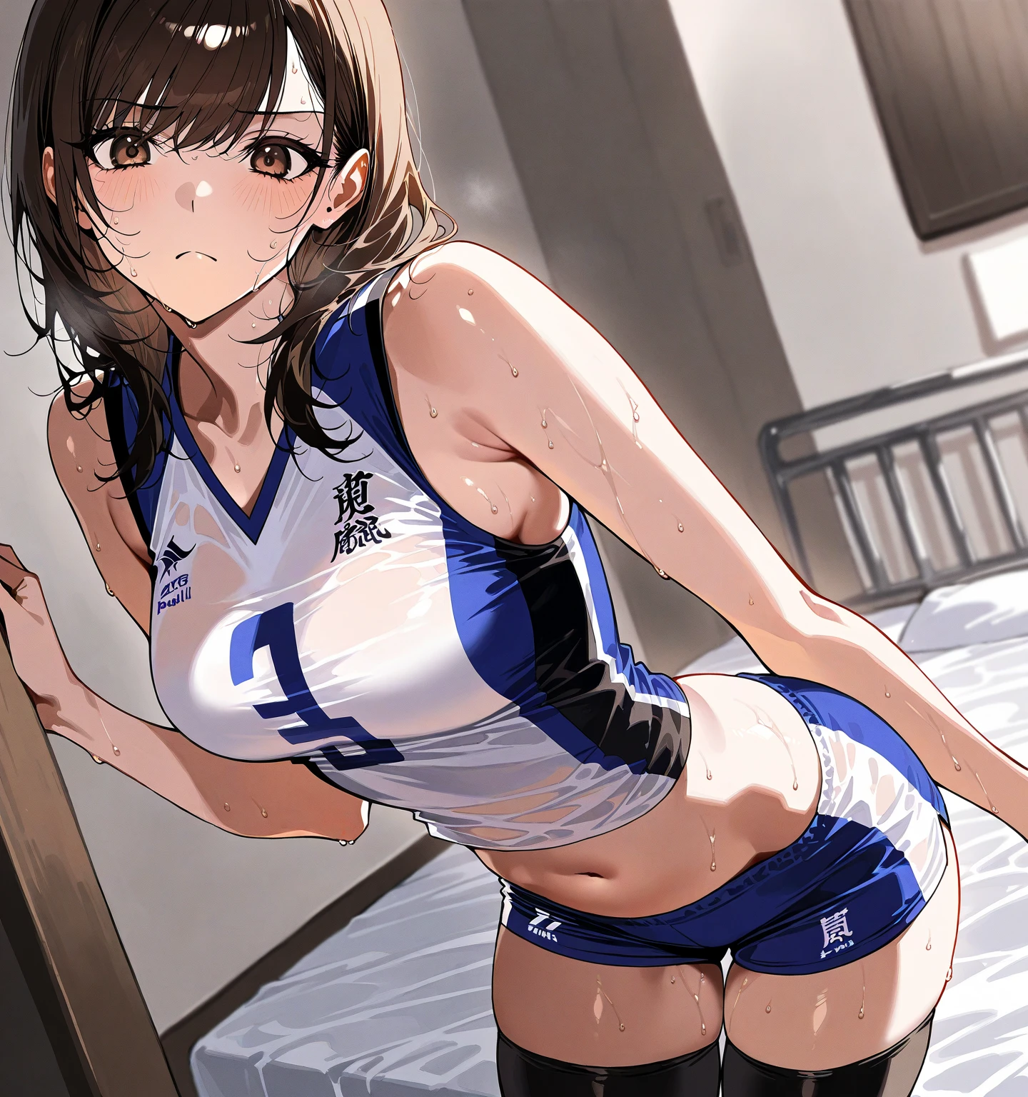 hands on breast、1girl, ,testicles,black hair,brown eyes,,one-piece swimsuit,(((in bedroom))), school swimsuit,twin tail,flat creast,closed eyes,masterpiece,lie,sleep,arm down,blanket,,anime