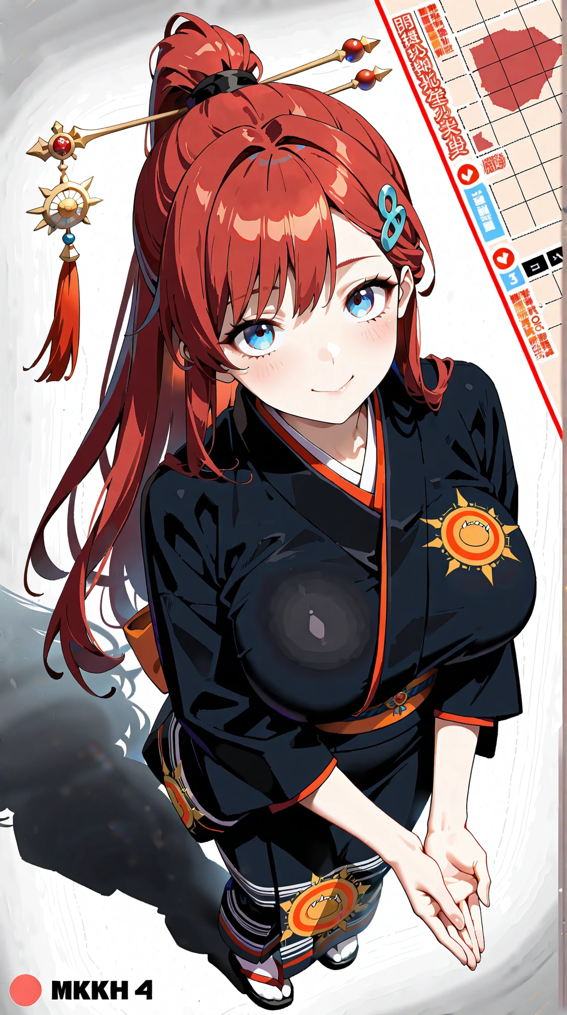8K (high resolution) (Super Detail) (masterpiece) (Highest Quality) animated illustration detailed eyes detailed face detailed hands Delicate hair detailed wrinkles on clothes very elaborate body with raised palm fine skin healthy skin tone with ro in the background solo 18 years old blue eyes (red hair) barrettes on bangs ponytail raised chest carrying the sun Big Breasts smile black kimono hairpin Raise your palm Full Body Map look up here